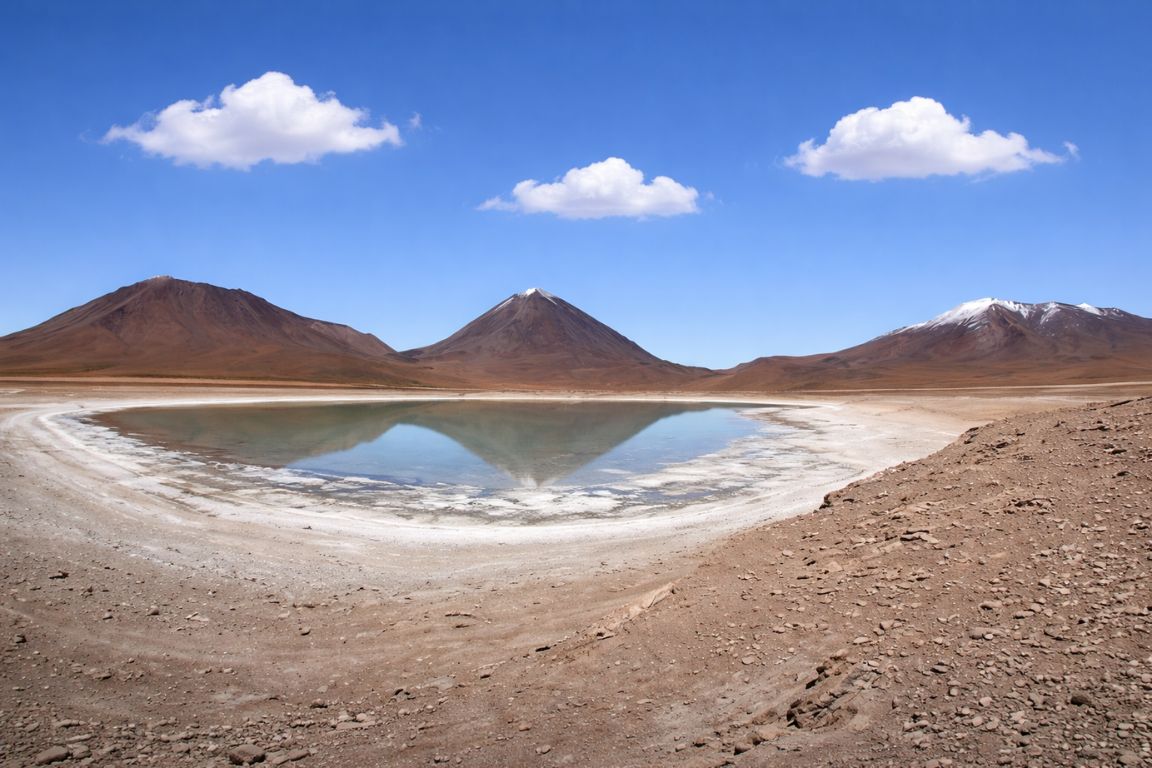 Lagoon in Eduardo Avaroa Andean Fauna National Reserve with volcano reflections and desert landscape, captured during a tour with Salar de Uyuni Tours